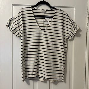 J.Crew Factory Blue & Cream Striped Top with Ruffled Cap Sleeves